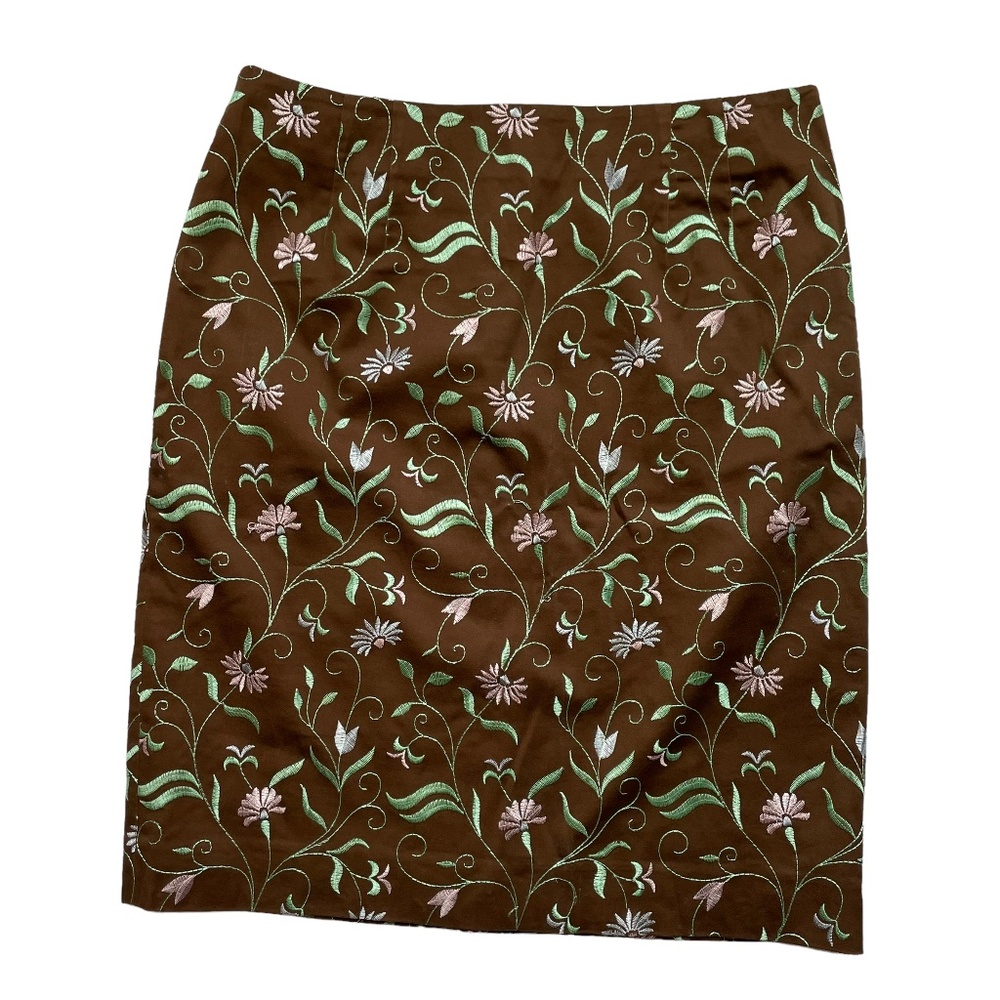 Cottagecore Coquette Floral Embroidered Pencil Skirt EUC 8 brown pink Workwear